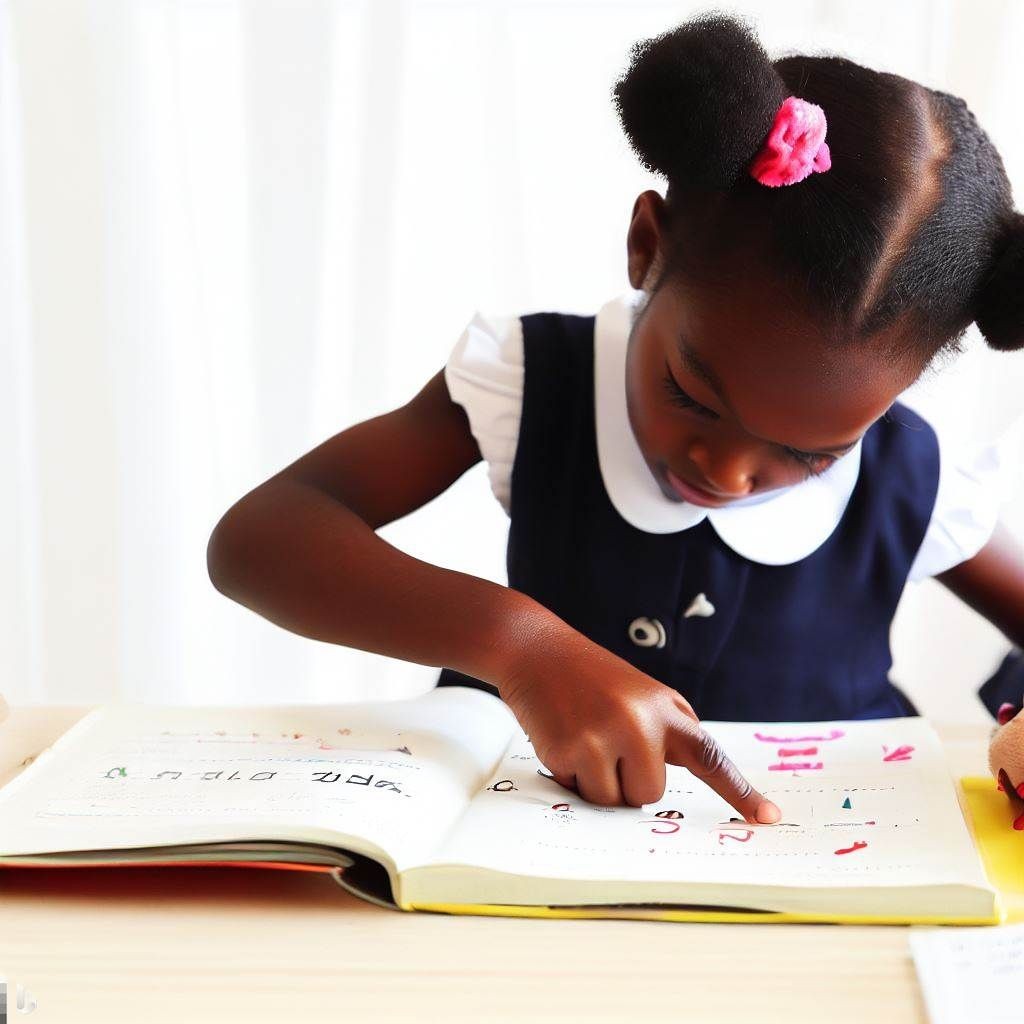 Young girl in school uniform reading a book at a desk, focusing intently.